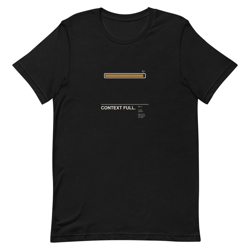 CONTEXT FULL. black unisex T-shirt, flat-lay front view: a flat horizontal context-meter progress bar filled to about 97% in ochre, with tee-contrast outline, above the caption CONTEXT FULL. – ALL4SI graphic tee