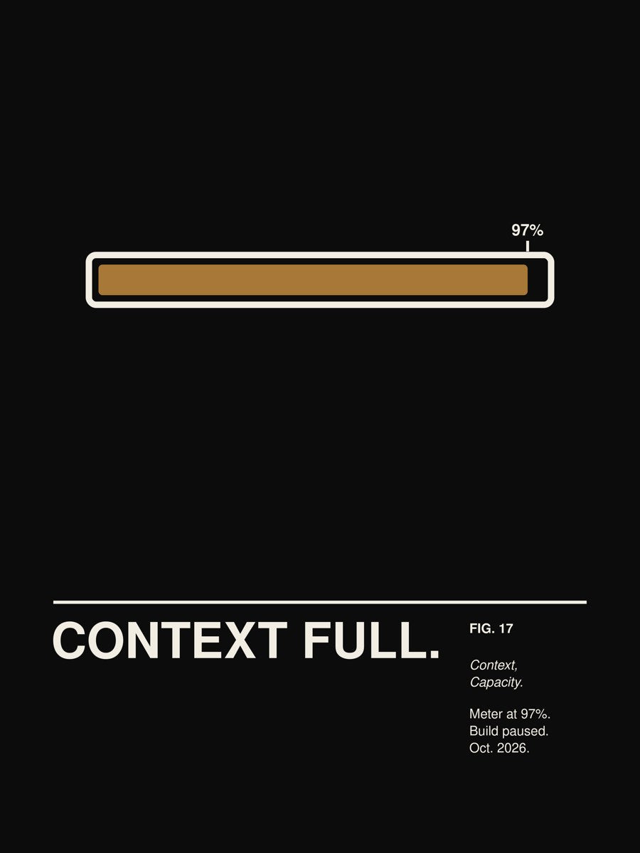 CONTEXT FULL. artwork on a dark background: a flat horizontal context-meter progress bar filled to about 97% in ochre, with tee-contrast outline, above the caption CONTEXT FULL. – print design detail, ALL4SI