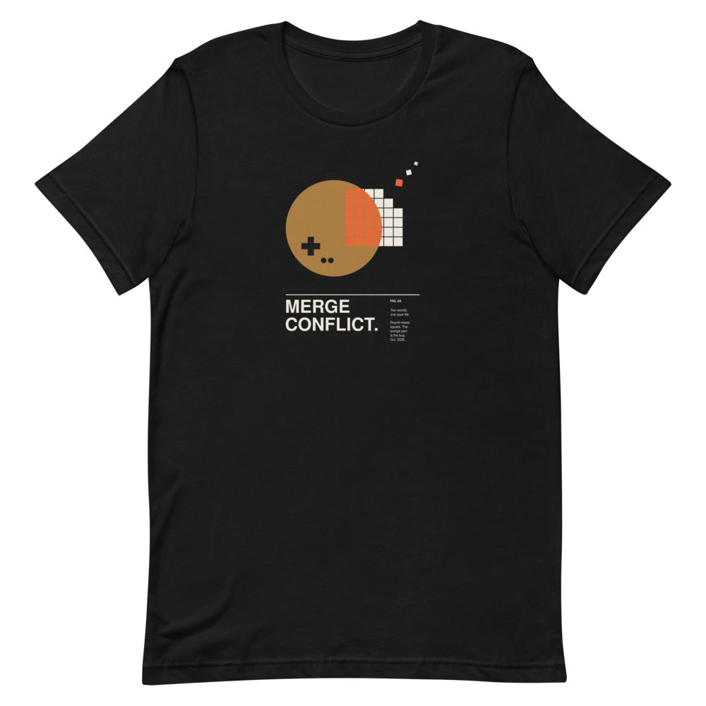 MERGE CONFLICT. black unisex T-shirt, flat-lay front view: an ochre disc with a game-pad cross overlapping a pixel-tile grid, the overlapping tiles in orange, a few loose pixels drifting off, and the caption MERGE CONFLICT. – ALL4SI graphic tee