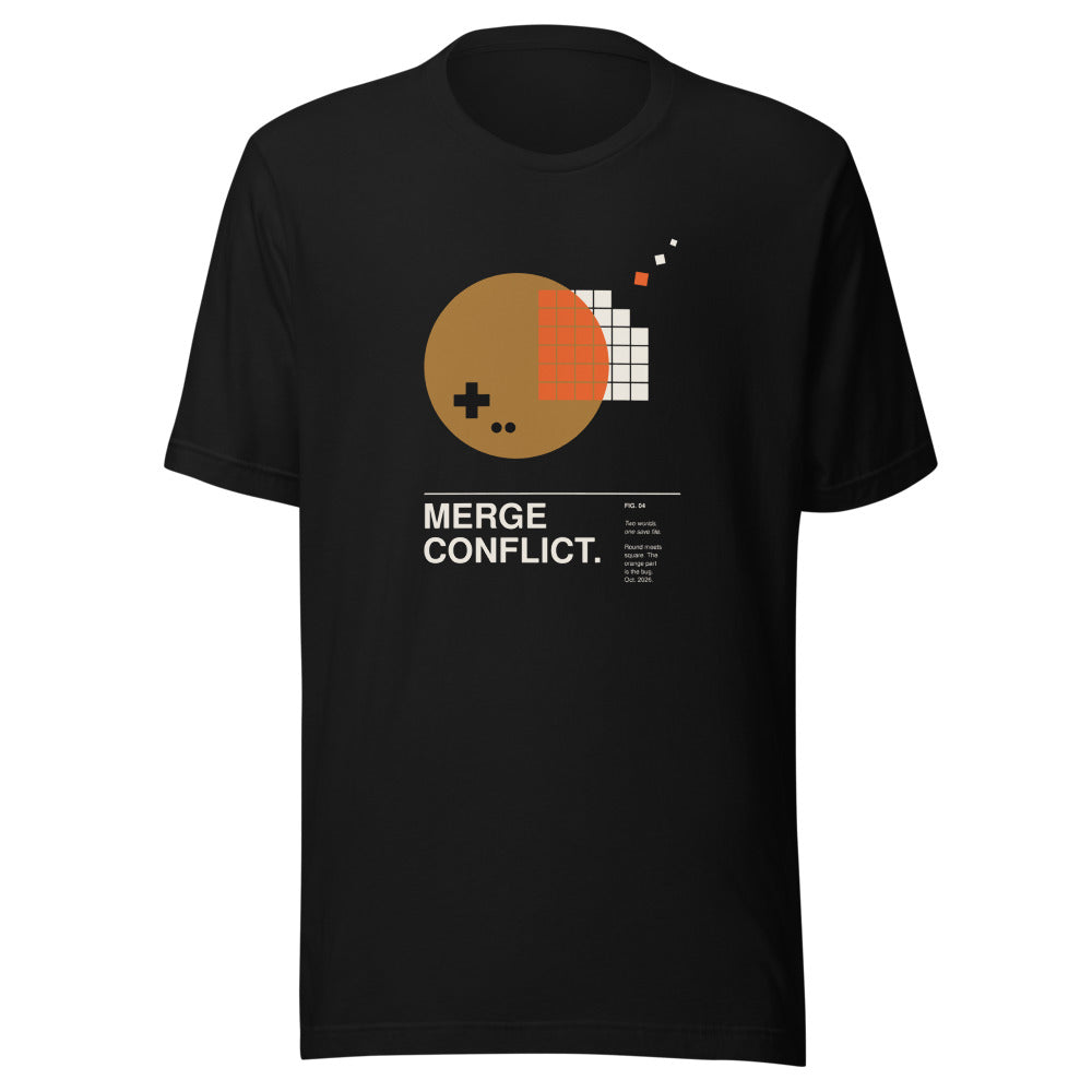 MERGE CONFLICT. black unisex T-shirt, front view: an ochre disc with a game-pad cross overlapping a pixel-tile grid, the overlapping tiles in orange, a few loose pixels drifting off, and the caption MERGE CONFLICT. – gallery-label graphic tee by ALL4SI