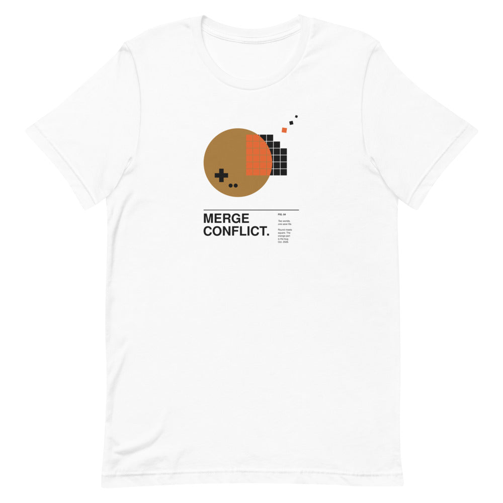 MERGE CONFLICT. white unisex T-shirt, flat-lay front view: an ochre disc with a game-pad cross overlapping a pixel-tile grid, the overlapping tiles in orange, a few loose pixels drifting off, and the caption MERGE CONFLICT. – ALL4SI graphic tee