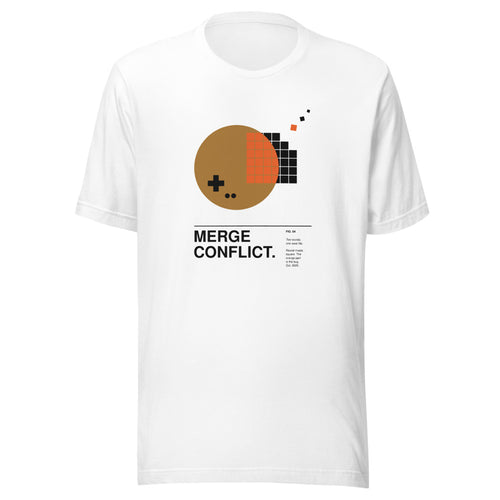 MERGE CONFLICT. white unisex T-shirt, front view: an ochre disc with a game-pad cross overlapping a pixel-tile grid, the overlapping tiles in orange, a few loose pixels drifting off, and the caption MERGE CONFLICT. – gallery-label graphic tee by ALL4SI