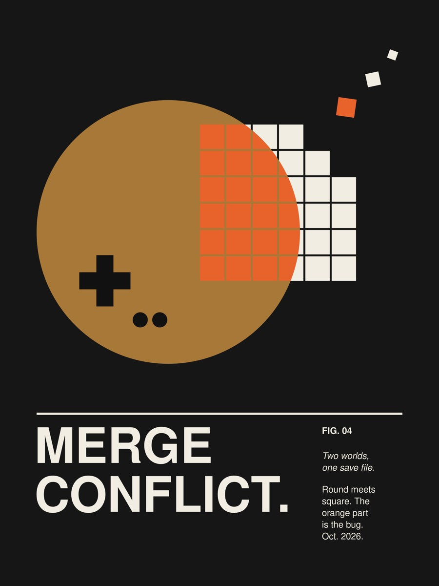 MERGE CONFLICT. artwork on a dark background: an ochre disc with a game-pad cross overlapping a pixel-tile grid, the overlapping tiles in orange, a few loose pixels drifting off, and the caption MERGE CONFLICT. – print design detail, ALL4SI