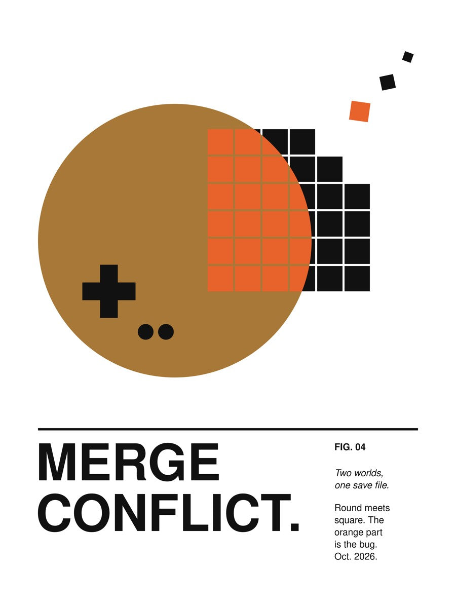 MERGE CONFLICT. artwork on a light background: an ochre disc with a game-pad cross overlapping a pixel-tile grid, the overlapping tiles in orange, a few loose pixels drifting off, and the caption MERGE CONFLICT. – print design detail, ALL4SI