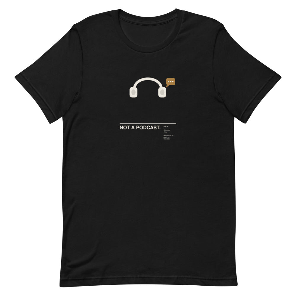 NOT A PODCAST. black unisex T-shirt, flat-lay front view: flat over-ear headphones with an ochre speech bubble of three dots rising from one ear cup, above the caption NOT A PODCAST. – ALL4SI graphic tee