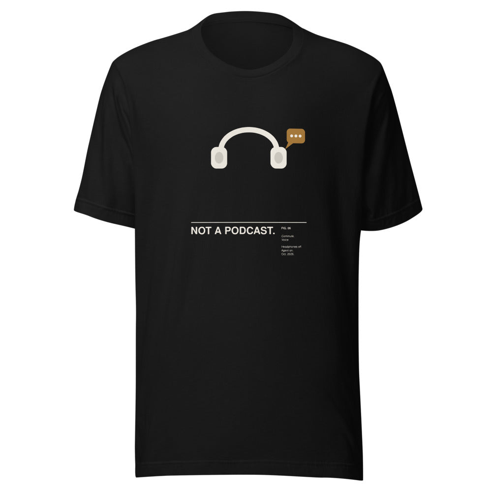 NOT A PODCAST. black unisex T-shirt, front view: flat over-ear headphones with an ochre speech bubble of three dots rising from one ear cup, above the caption NOT A PODCAST. – gallery-label graphic tee by ALL4SI