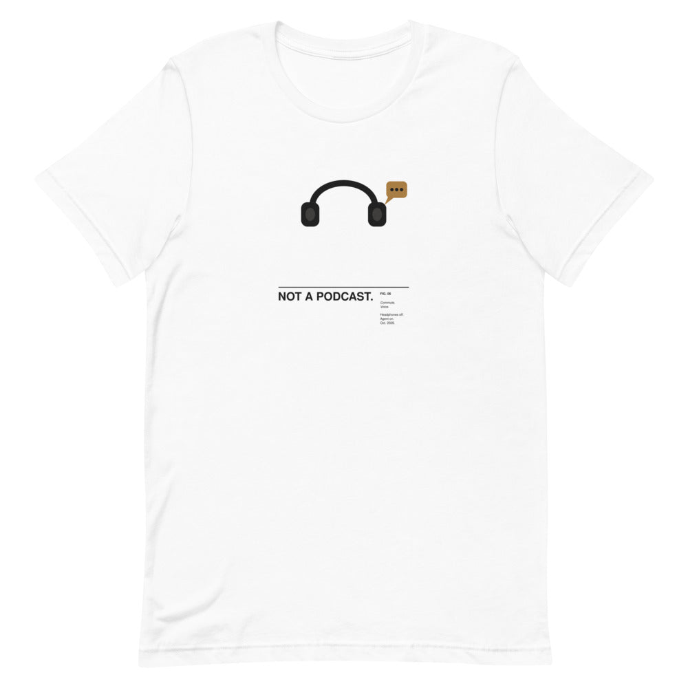 NOT A PODCAST. white unisex T-shirt, flat-lay front view: flat over-ear headphones with an ochre speech bubble of three dots rising from one ear cup, above the caption NOT A PODCAST. – ALL4SI graphic tee