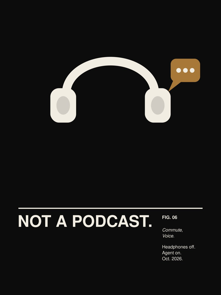 NOT A PODCAST. artwork on a dark background: flat over-ear headphones with an ochre speech bubble of three dots rising from one ear cup, above the caption NOT A PODCAST. – print design detail, ALL4SI