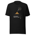 WE TAUGHT SAND TO THINK. black unisex T-shirt, front view: a small ochre sand pile with a thought bubble rising from its tip showing a sunset over the sea, above the caption WE TAUGHT SAND TO THINK. – gallery-label graphic tee by ALL4SI