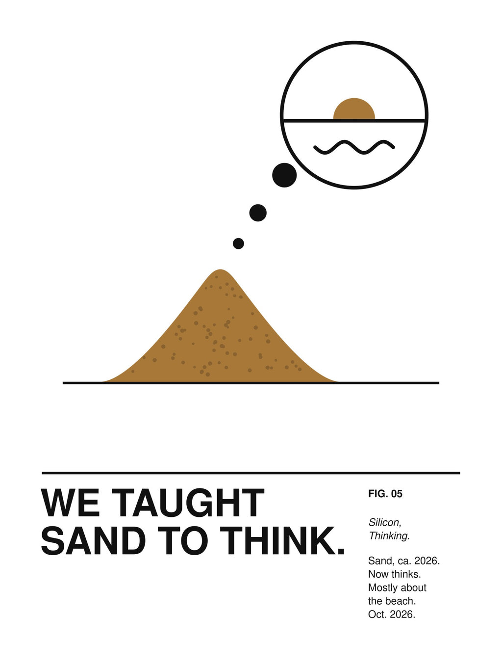 WE TAUGHT SAND TO THINK. artwork on a light background: a small ochre sand pile with a thought bubble rising from its tip showing a sunset over the sea, above the caption WE TAUGHT SAND TO THINK. – print design detail, ALL4SI